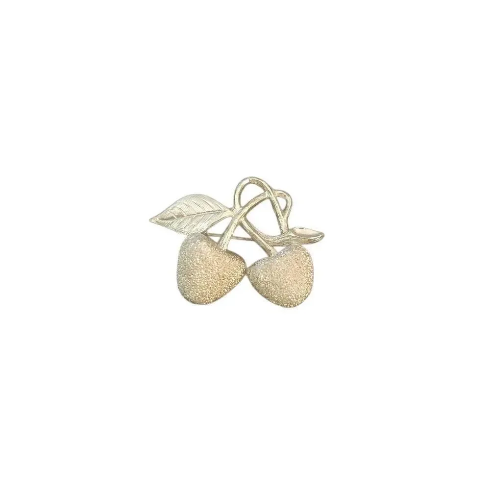 Vintage Costume Brooch Double Cherry Brushed Silver Tone‎